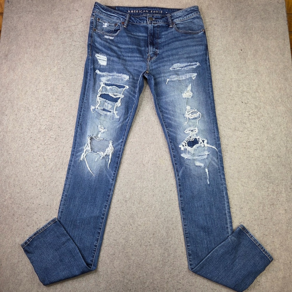 American Eagle Stacked Skinny Jeans Next Level Airflex Mens 36x36 Blue Distress